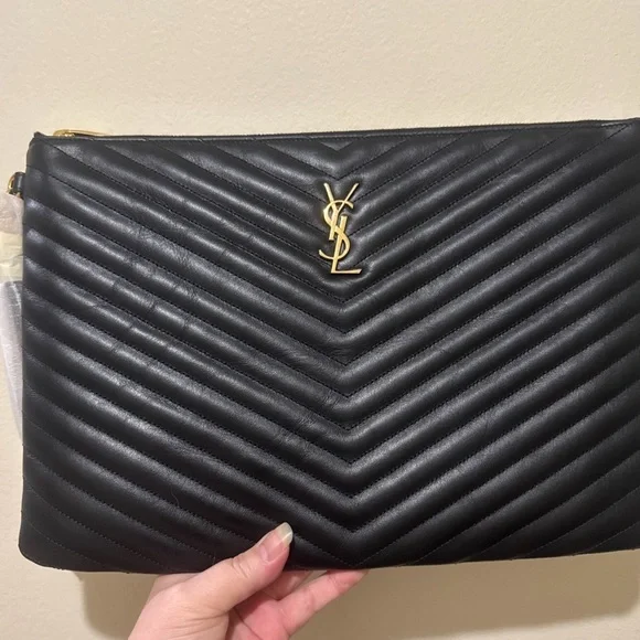 Yves Saint Laurent Black Sizable Clutch with detachable wristlet with gold YSL. - Picture 1 of 16